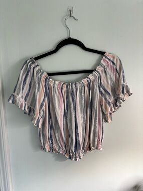 Ocean Drive Striped Off-Shoulder Crop Top - Pink, Blue & Cream